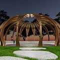 Pergola Featuring Golden Leaf Shaped Structure Illuminated Under Evening Sky With Trees And Circular Platform