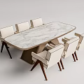 Modern Oval Dining Table Set With Marble Top And White Upholstered Chairs 3d model