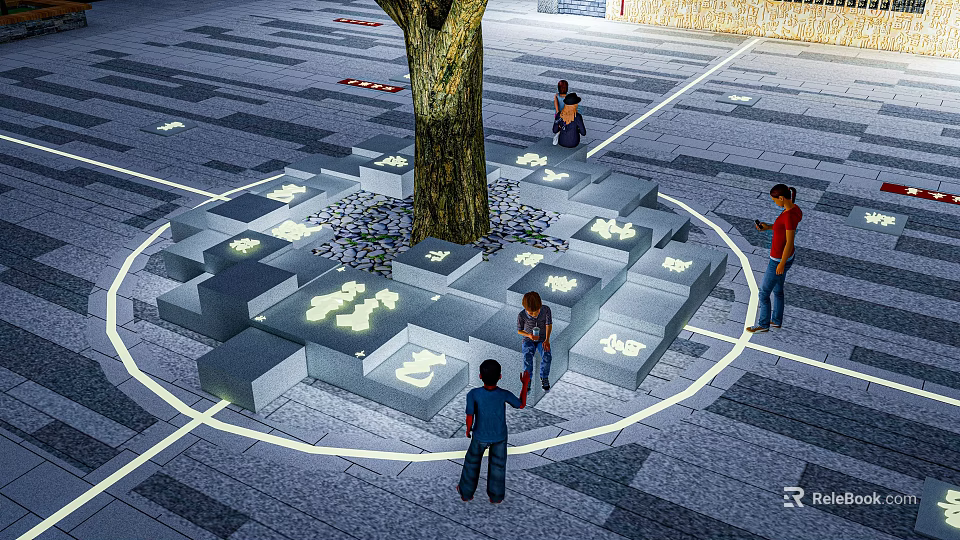 Public Square Interactive Space With Glowing Square Platforms Around Tree And People 3d model 