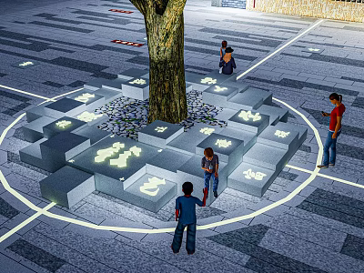 Public Square Interactive Space With Glowing Square Platforms Around Tree And People 3d model
