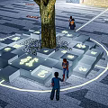 Public Square Interactive Space With Glowing Square Platforms Around Tree And People 3d model
