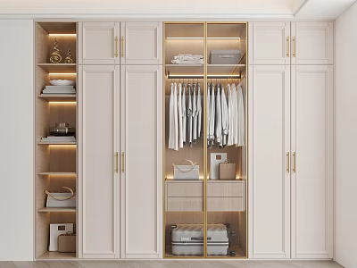 Elegant Modern Wardrobe Interior With Gold Accents And Layered Storage Solutions 3d model