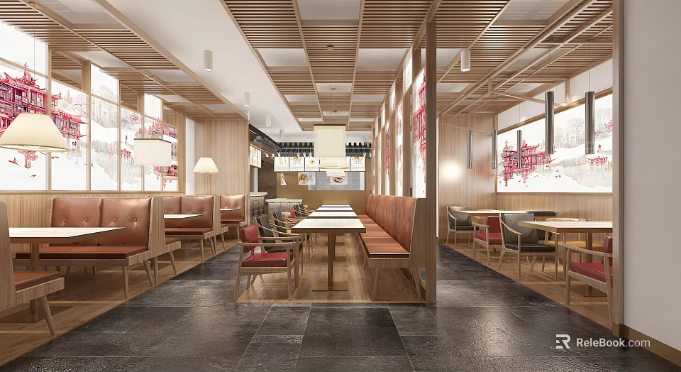 Modern Restaurant Interior Design With Open Layout Wooden Ceiling And Bench Seats 3d model 