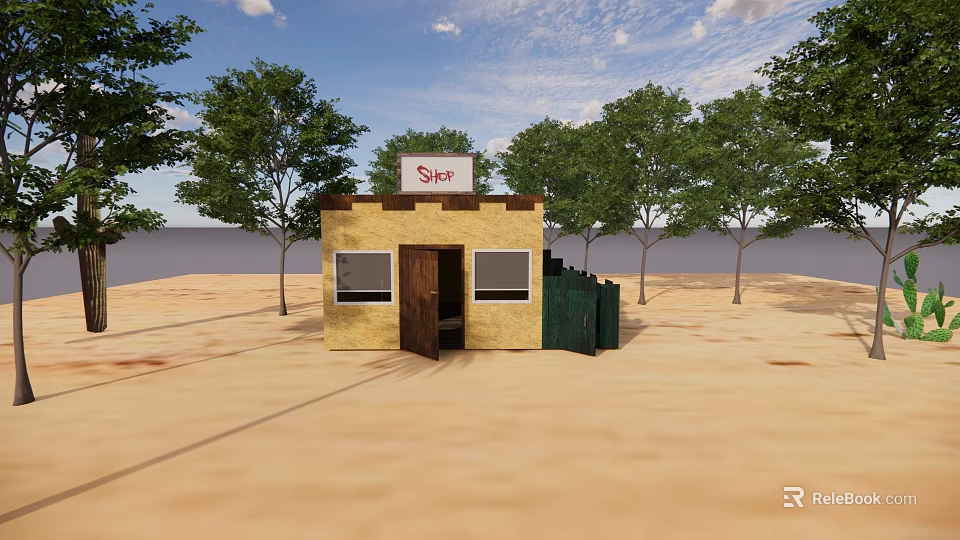 Small Shop Building With Yellow Exterior Wooden Door Green Trees In Open Sandy Area 3d model 