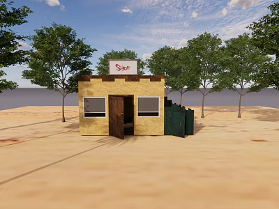 Small Shop Building With Yellow Exterior Wooden Door Green Trees In Open Sandy Area 3d model