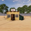 Small Shop Building With Yellow Exterior Wooden Door Green Trees In Open Sandy Area