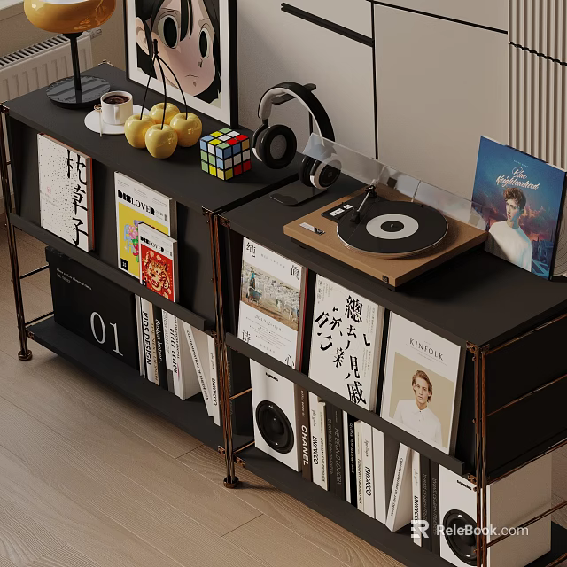 Modern Entryway Cabinet and Side Cabinet with Vinyl Record Player Books and Headphones 3d model 