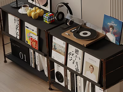 Modern Entryway Cabinet and Side Cabinet with Vinyl Record Player Books and Headphones 3d model
