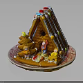 Festive Gingerbread House With Frosting Decorations Colorful Candies And Gingerbread Men On Plate