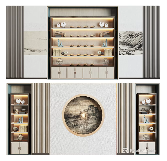 Elegant Modern Decorative Cabinet With Layered Shelves Artistic Ornaments And Soft Lighting 3d model 
