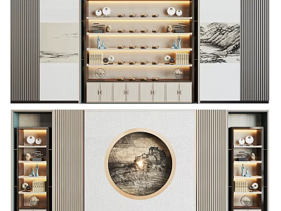 Elegant Modern Decorative Cabinet With Layered Shelves Artistic Ornaments And Soft Lighting 3d model