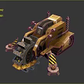 3D Rendered Yellow Construction Demolition Vehicle With Crushing Mechanism And Warning Stripes