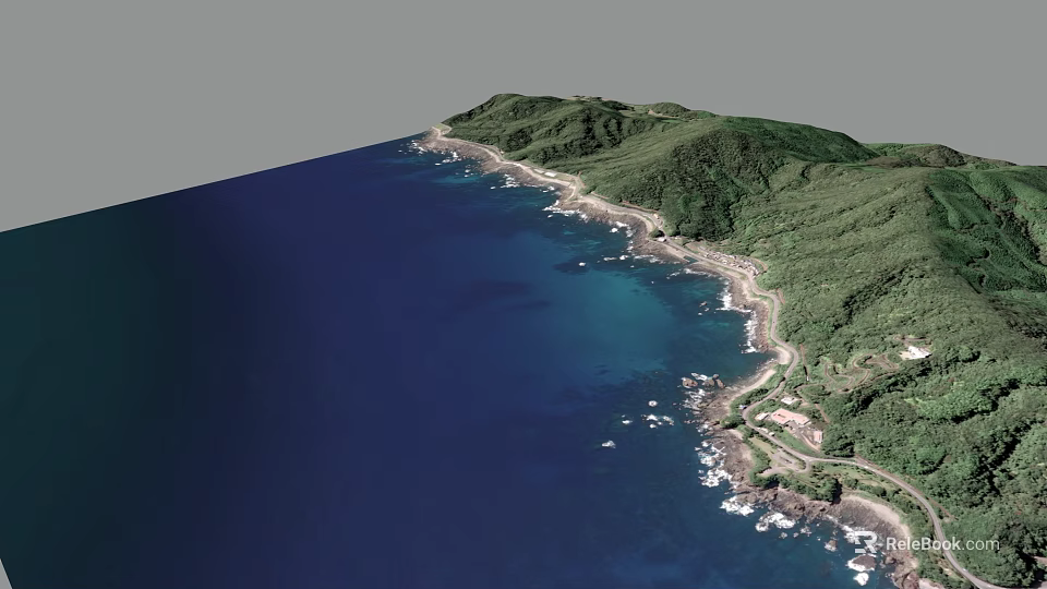 Scenic Coastal View With Blue Sea Green Hills Rocky Shoreline And Winding Road 3d model 