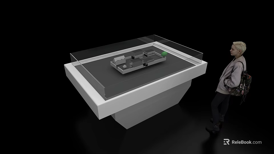 Detailed Sand Table Model On White Display Stand With Transparent Cover And Person Viewing 3d model 