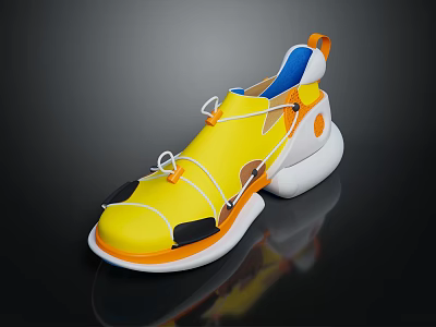 Yellow Casual Sports Shoes With White Laces White Sole And Orange Trim 3d model
