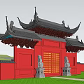 Traditional Chinese Paifang Red Structure With Black Upturned Eaves And Golden Decorations