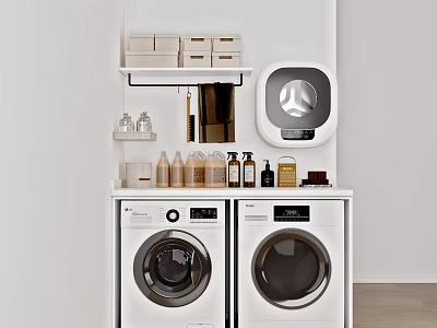 Modern Laundry Room With Side By Side Washing Machines And Storage Shelves 3d model