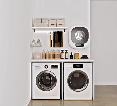 Modern Laundry Room With Side By Side Washing Machines And Storage Shelves 3d model