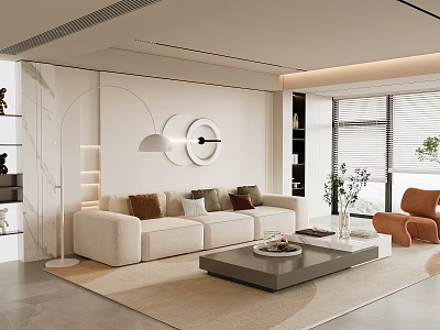Modern Living Room Interior With Beige Sofa Round Wall Decor And Orange Accent Chair 3d model