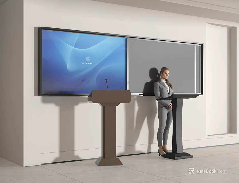 Modern Conference Room Setup With Large Screen Podium And Female Presenter 3d model 