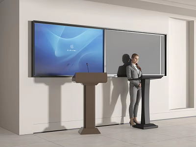 Modern Conference Room Setup With Large Screen Podium And Female Presenter 3d model