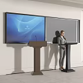 Modern Conference Room Setup With Large Screen Podium And Female Presenter
