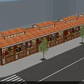 Traditional Wooden Commercial Street With Multiple Shops Awnings And Trees Along Street