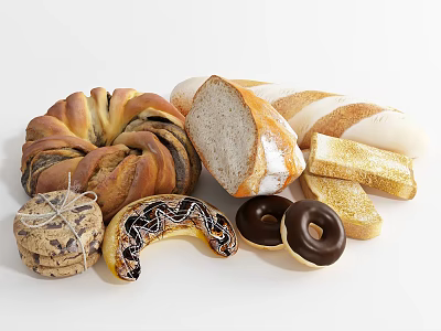 Fresh Assorted Baked Foods With Braided Bread Baguette Chocolate Donuts Croissant And Cookies 3d model