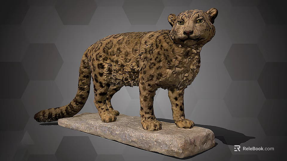 Snow Leopard Sculpture with Detailed Fur Standing on Stone Base and Hexagonal Background 3d model