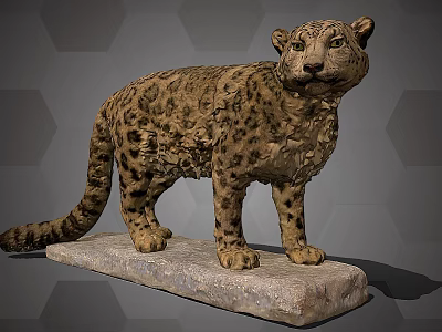 Snow Leopard Sculpture with Detailed Fur Standing on Stone Base and Hexagonal Background 3d model