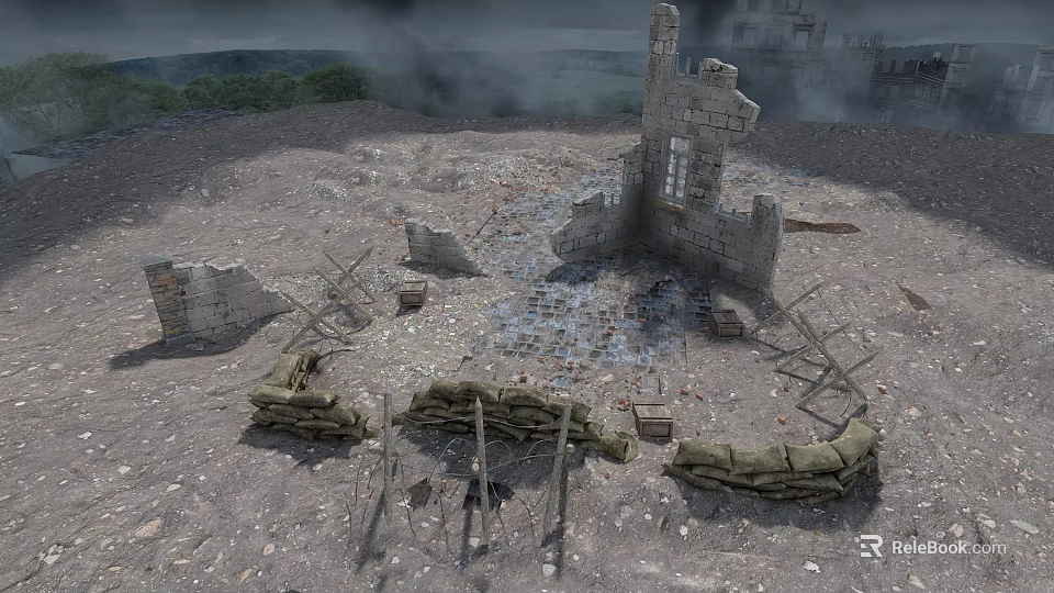Ruined Building Components Including Stone Walls Sandbags Ladders And Gravel Ground 3d model 