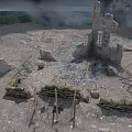 Ruined Building Components Including Stone Walls Sandbags Ladders And Gravel Ground