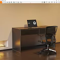 Modern Dark Wooden Desk With Laptop And Ergonomic Chair In Bright Room