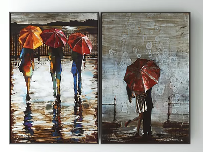 Rainy Street Paintings With People Holding Colorful Umbrellas And Wet Pavement 3d model