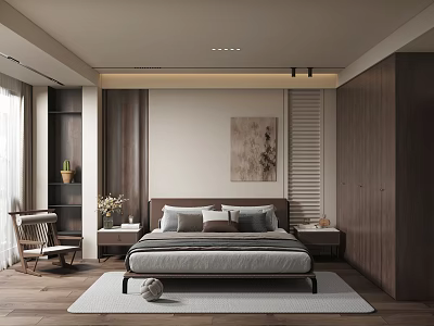 Modern Minimalist Bedroom With Platform Bed Wooden Nightstands Decorative Painting And Accent Chair 3d model