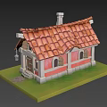 Red Tiled Roof With Chimney Wooden Door Arched Windows And Stone Steps