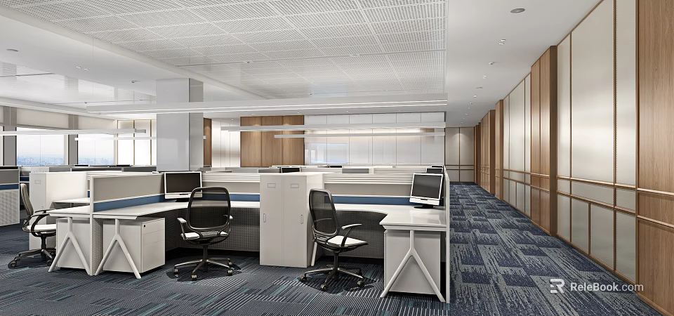 Bright Public Office Space With Workstations Computers Ergonomic Chairs And Blue Carpet 3d model