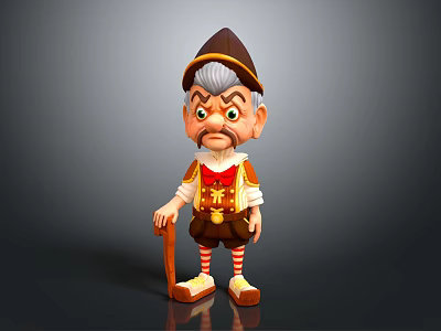 3D Cartoon Elderly Character With Brown Hat Gray Beard Red Vest And Wooden Cane 3d model