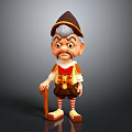 3D Cartoon Elderly Character With Brown Hat Gray Beard Red Vest And Wooden Cane