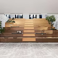Wooden Stepped Modern Lounge Area With Green Plants And Gray Flooring