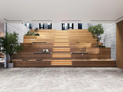 Wooden Stepped Modern Lounge Area With Green Plants And Gray Flooring 3d model