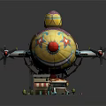Vibrant Cartoon Scene With Colorful Airship Star Patterns Small Shops And Hot Air Balloon