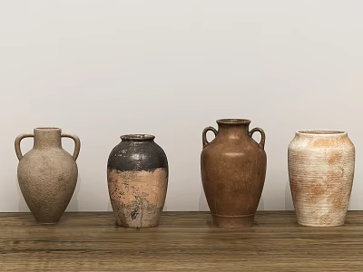 Four Ceramic Vessels With Various Textures On Wooden Table Against White Wall 3d model