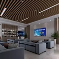 Modern Service Hall Interior With Service Counter Digital Screen Waiting Seats And Green Plants