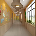 Vibrant Kindergarten Indoor Setting With Orange Walls Rainbow Decorations Bookshelves Reception Desk And Potted Plant