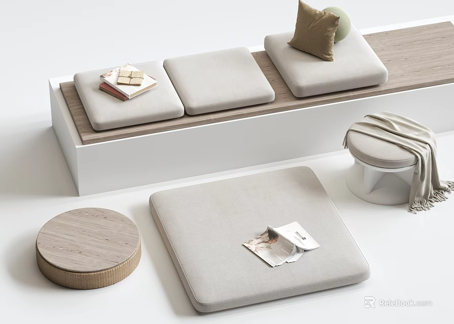 Stylish Home Living Accessories With Soft Cushions Magazines Round Wooden Tray And Stool 3d model 