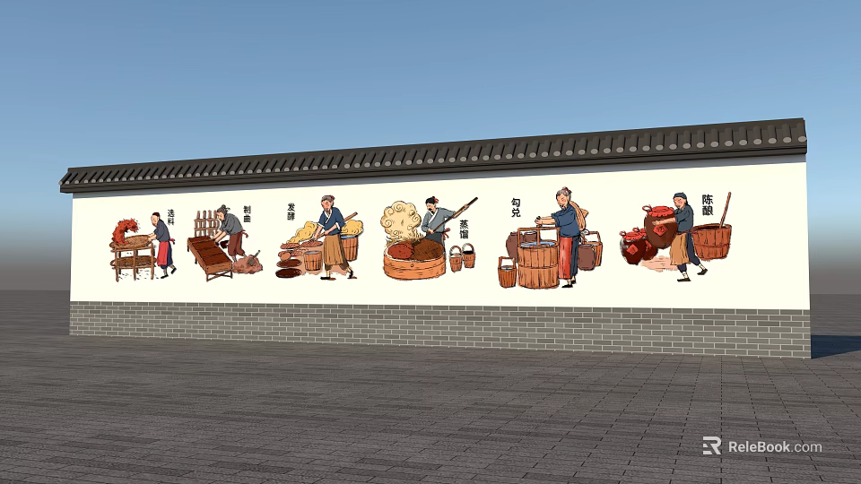 Traditional Folk Art Mural Paintings on Building Exterior Wall Showing Craft Scenes 3d model 