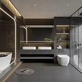 Modern Bathroom Interior Design With Double Vanity Sinks Freestanding Bathtub And Glass Shower Enclosure