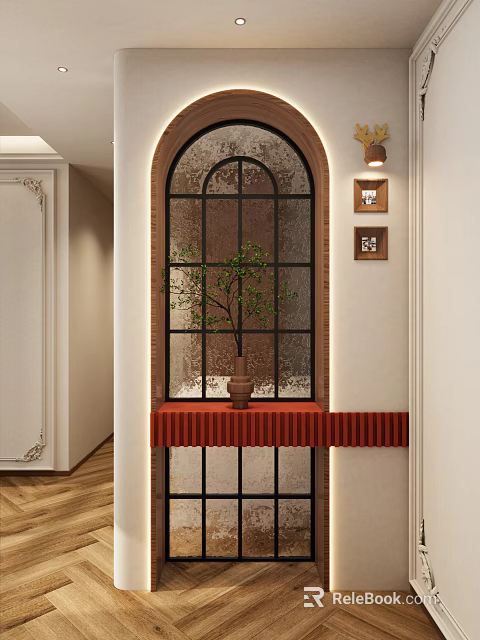 Elegant Entryway Hallway Interior Design With Arched Window Green Plant And Decorative Paintings 3d model 