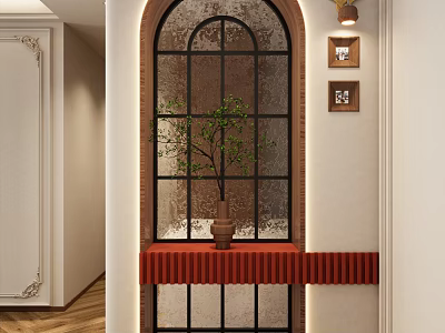 Elegant Entryway Hallway Interior Design With Arched Window Green Plant And Decorative Paintings 3d model